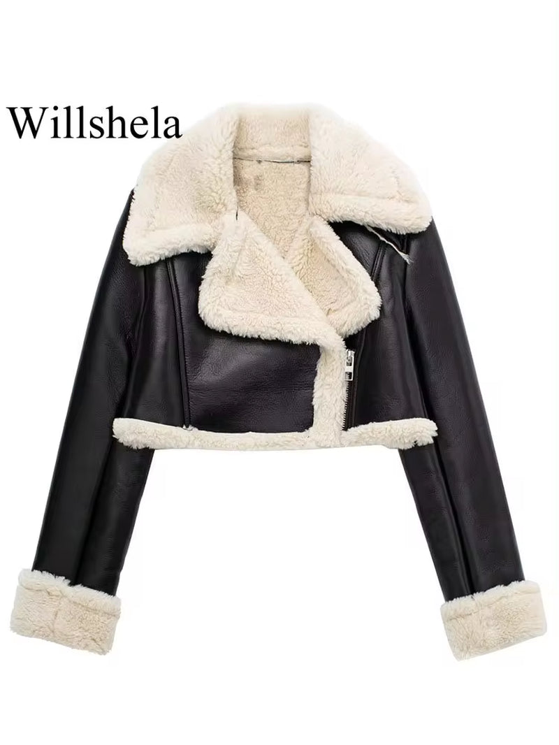 Wishella | Fleece lapel leather jacket