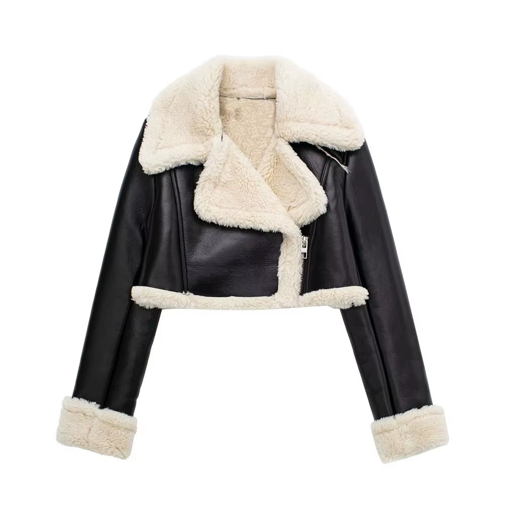 Wishella | Fleece lapel leather jacket