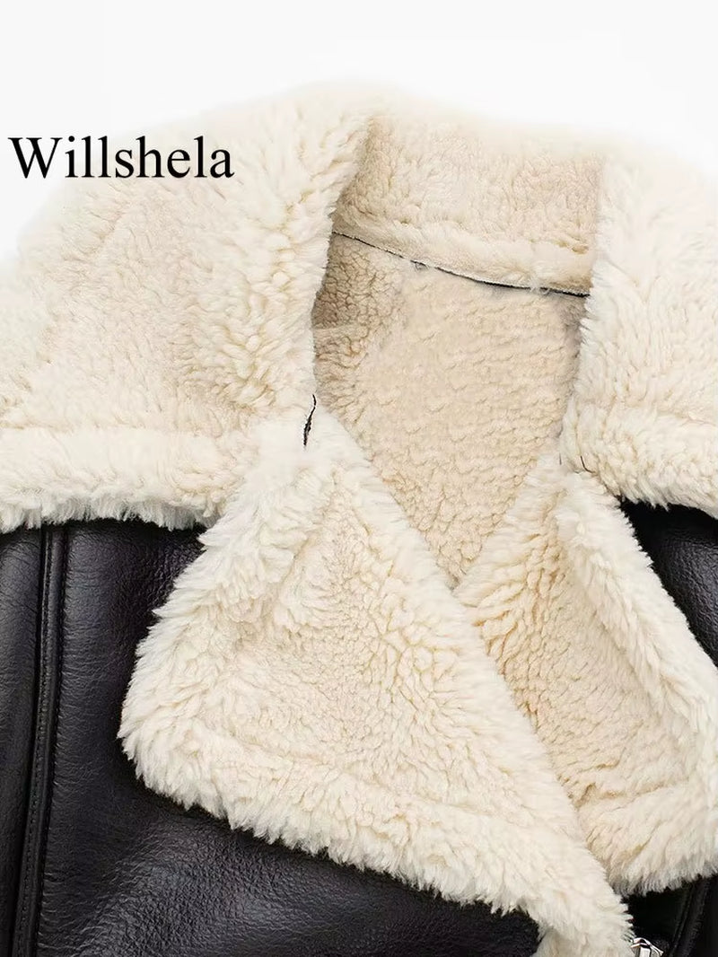 Wishella | Fleece lapel leather jacket
