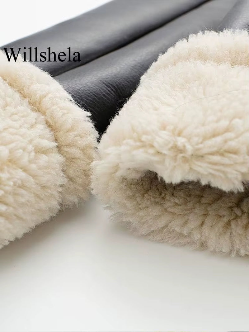 Wishella | Fleece lapel leather jacket