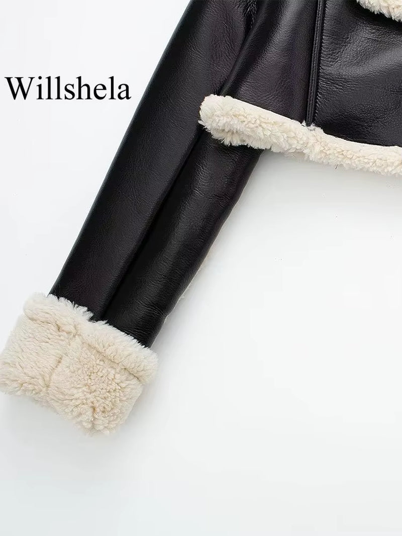Wishella | Fleece lapel leather jacket