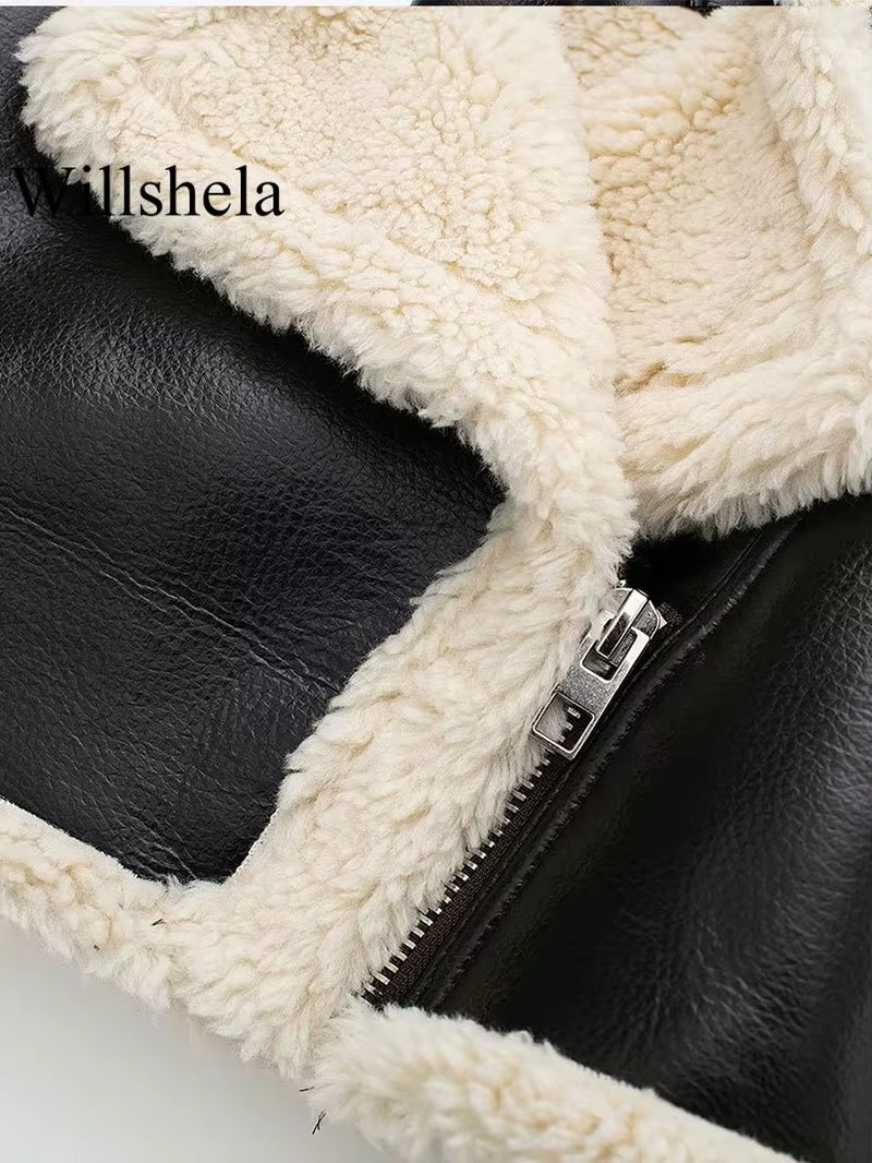 Wishella | Fleece lapel leather jacket