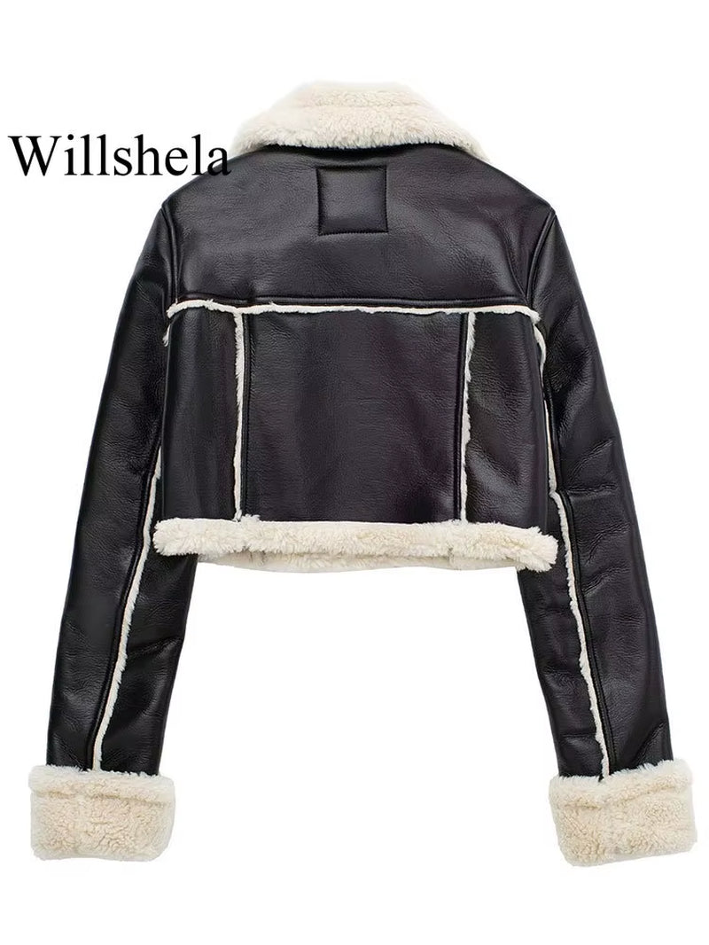 Wishella | Fleece lapel leather jacket