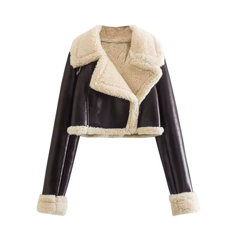 Wishella | Fleece lapel leather jacket